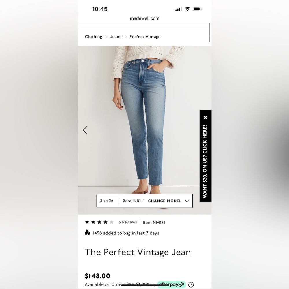 Madewell perfect vintage jean size 25